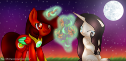 Size: 1580x768 | Tagged: safe, artist:firedragonmoon15, imported from derpibooru, oc, oc:phoenix scarletruby, alicorn, pony, brown mane, brown tail, colored wings, comforting, crying, full moon, glowing, glowing horn, hoof shoes, horn, jewelry, looking at someone, magic, mint wings, moon, necklace, night, night sky, one eye closed, red coat, red wings, sitting, sky, smiling, standing, tail, telekinesis, two toned wings, wings, wiping tears