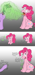Size: 2100x4483 | Tagged: safe, artist:xyclone, imported from derpibooru, pinkie pie, twilight sparkle, earth pony, unicorn, belly, burp, chubby, comic, dialogue, gradient background, hiccup, stomach growl, stomach noise, vulgar
