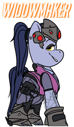 Size: 864x1488 | Tagged: safe, artist:eivilpotter, imported from derpibooru, oc, oc only, crossover, female, helmet, mare, overwatch, ponytail, simple background, solo, text, widowmaker