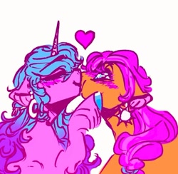 Size: 540x527 | Tagged: safe, artist:rare-apples, imported from derpibooru, izzy moonbow, sunny starscout, earth pony, pony, unicorn, 2d, digital art, duo, eyes rolling back, female, g5, happy, horn, izzyscout, kiss on the lips, kissing, lesbian, long mane, mare, shipping, simple background, smiling