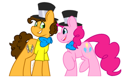Size: 1660x1044 | Tagged: safe, artist:eivilpotter, imported from derpibooru, cheese sandwich, pinkie pie, earth pony, pony, couple, duo, female, looking at each other, looking at someone, magician hat, male, mare, simple background, stallion