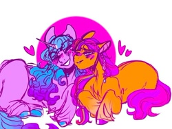 Size: 540x405 | Tagged: safe, artist:rare-apples, imported from derpibooru, izzy moonbow, sunny starscout, earth pony, pony, unicorn, 2d, digital art, duo, female, g5, happy, horn, izzyscout, kissing, lesbian, long mane, looking at each other, looking at someone, mare, nuzzling, shipping, simple background, sitting, smiling, smiling at each other