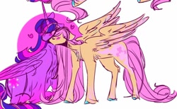 Size: 540x332 | Tagged: safe, artist:rare-apples, imported from derpibooru, fluttershy, twilight sparkle, alicorn, pegasus, pony, 2d, blushing, digital art, duo, female, heart, horn, mare, shipping, sitting, smiling, standing, twilight sparkle (alicorn), wings