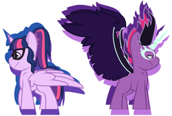 Size: 1712x1156 | Tagged: safe, artist:eivilpotter, imported from derpibooru, sci-twi, twilight sparkle, alicorn, pony, equestria girls, colored wings, duo, glasses, glowing, glowing horn, horn, magic, midnight sparkle, multicolored hair, multicolored wings, ponified, scitwilicorn, simple background, wings