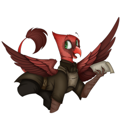 Size: 2300x2300 | Tagged: safe, artist:molars, imported from derpibooru, oc, oc only, oc:ginger gale, griffon, armor, beak, chestplate, claws, clothes, detached sleeves, eyebrows, female, green eyes, griffon oc, leonine tail, raised eyebrow, simple background, smiling, solo, spread wings, tail, transparent background, uniform, wings