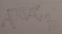 Size: 3236x1792 | Tagged: safe, artist:those kids in the corner, imported from derpibooru, oc, unnamed oc, bat pony, pony, unicorn, concerned, female, filly, flying, foal, mare, swing, swing set, traditional art, trailer