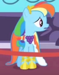 Size: 1234x1568 | Tagged: safe, imported from derpibooru, screencap, rainbow dash, pegasus, pony, the best night ever, alone, alternate hairstyle, canterlot, canterlot castle, carpet, clothes, cropped, cute, dashabetes, dress, gala dress, grand galloping gala, sad, sadorable, solo