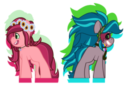 Size: 1720x1168 | Tagged: safe, artist:eivilpotter, imported from derpibooru, gaea everfree, gloriosa daisy, earth pony, pony, colored, duo, facing away, female, flat colors, floral head wreath, flower, g4, jewelry, mare, multicolored hair, necklace, simple background