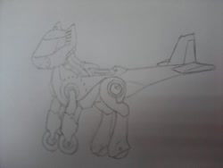 Size: 720x540 | Tagged: safe, imported from derpibooru, oc, oc only, original species, plane pony, pony, robot, robot pony, wheelpone, no eyes, no face, pencil drawing, plane, simple background, solo, traditional art, white background