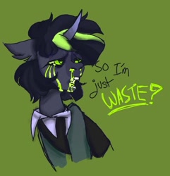 Size: 502x520 | Tagged: safe, artist:spicychickenss, imported from derpibooru, oc, oc only, oc:toxic waste, pony, unicorn, crying, dialogue, floppy ears, open mouth, sad, snot, solo, toxic