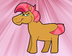 Size: 1016x787 | Tagged: safe, artist:cookie-lovey, imported from derpibooru, babs seed, earth pony, pony, 2012, blank flank, female, filly, foal, lidded eyes, looking at you, pink background, simple background, smiling, smiling at you, smug, solo, style emulation, the fairly oddparents, traditional art