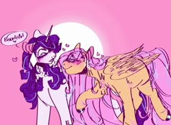 Size: 540x395 | Tagged: safe, alternate version, artist:rare-apples, imported from derpibooru, fluttershy, rarity, pegasus, pony, unicorn, 2d, blushing, digital art, drawing, duo, female, flarity, horn, hunched over, lesbian, looking at each other, looking at someone, mare, shipping, simple background, smiling, talking, text, wings