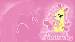 Size: 1920x1080 | Tagged: safe, artist:blackgryph0n, artist:cradet, artist:h2ooctane, artist:regolithx, edit, imported from derpibooru, fluttershy, pegasus, pony, crossed hooves, cutie mark, eyes closed, female, galaxy, looking at you, mare, name, pink background, simple background, smiling, smiling at you, solo, space, stars, wallpaper, wallpaper edit