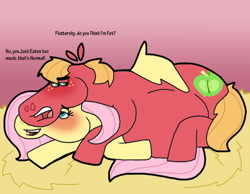 Size: 1016x787 | Tagged: safe, artist:cookie-lovey, imported from derpibooru, big macintosh, fluttershy, earth pony, pegasus, pony, 2012, bigger macintosh, blushing, cuddling, dialogue, fat, female, fluttermac, hay, lidded eyes, looking back, lying down, male, mare, open mouth, open smile, prone, shipping, smiling, stallion, straight, straw, style emulation, text, the fairly oddparents