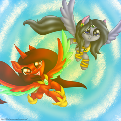 Size: 2236x2228 | Tagged: safe, artist:firedragonmoon15, imported from derpibooru, oc, oc:phoenix scarletruby, alicorn, pony, black mane, black tail, brown mane, colored wings, flying, gray coat, happy, hoof shoes, jewelry, mint wings, necklace, purple eyes, red coat, red eyes, red wings, smiling, spread wings, tail, two toned wings, wings