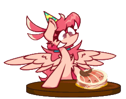 Size: 1037x816 | Tagged: safe, artist:scridley-arts, imported from derpibooru, oc, oc only, oc:scridley, pegasus, pony, animated, birthday cake, cake, female, food, pegasus oc, simple background, solo, transparent background