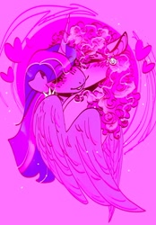 Size: 540x777 | Tagged: safe, artist:rare-apples, imported from derpibooru, pinkie pie, twilight sparkle, alicorn, earth pony, pony, 2d, colored, digital art, duo, female, happy, horn, hug, lesbian, love, mare, shipping, smiling, standing, twilight sparkle (alicorn), wings