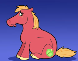Size: 1016x787 | Tagged: safe, artist:cookie-lovey, imported from derpibooru, big macintosh, earth pony, pony, 2012, belly, big belly, blue background, frown, looking back, looking down, male, male pregnancy, missing accessory, pregnant, simple background, sitting, solo, stallion, style emulation, the fairly oddparents