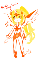 Size: 652x908 | Tagged: safe, artist:fecchi-freya, imported from derpibooru, daybreaker, human, alicorn humanization, alternate hairstyle, belly button, clothes, crown, elf ears, female, high heels, horned humanization, humanized, jewelry, midriff, reference sheet, regalia, shoes, simple background, skirt, solo, white background, winged humanization, wings