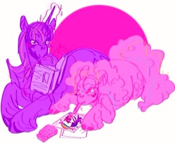 Size: 400x327 | Tagged: safe, artist:rare-apples, imported from derpibooru, pinkie pie, twilight sparkle, alicorn, earth pony, pony, 2d, book, colored, coloring book, digital art, duo, female, happy, horn, hug, love, lying down, mare, reading, smiling, standing, twilight sparkle (alicorn), wings