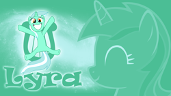 Size: 1920x1080 | Tagged: safe, artist:cradet, artist:mrlolcats17, artist:mysteriouskaos, artist:the smiling pony, edit, imported from derpibooru, lyra heartstrings, pony, unicorn, big smile, cutie mark, eyes closed, female, galaxy, green background, jumping, looking at you, mare, name, simple background, smiling, smiling at you, solo, space, spread hooves, stars, wallpaper, wallpaper edit