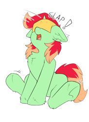 Size: 1610x2198 | Tagged: safe, alternate version, artist:beardie, imported from derpibooru, oc, oc only, oc:jonin, pony, unicorn, cheese slap, chest fluff, male, onomatopoeia, open mouth, simple background, sitting, stallion, surprised, transparent background, underhoof