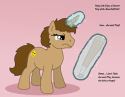 Size: 1016x787 | Tagged: safe, artist:cookie-lovey, imported from derpibooru, oc, oc only, pony, unicorn, 2013, angry, baseball bat, dialogue, female, frown, levitation, magic, mare, narrowed eyes, offscreen character, pink background, ponysona, simple background, solo, telekinesis, text, this will end in pain