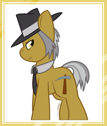 Size: 896x1064 | Tagged: safe, artist:eivilpotter, imported from derpibooru, igneous rock pie, earth pony, pony, hat, looking at you, male, necktie, simple background, solo, stallion