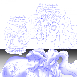Size: 1920x1920 | Tagged: safe, artist:xyclone, imported from derpibooru, part of a set, princess celestia, sunny starscout, alicorn, earth pony, pony, abdominal bulge, belly, christmas, clothes, comic, costume, dialogue, g5, hat, holiday, imminent vore, implied vore, monochrome, nervous, santa costume, santa hat, signature, simple background, stomach noise, sweat, white background