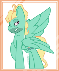 Size: 928x1108 | Tagged: safe, artist:eivilpotter, imported from derpibooru, zephyr breeze, pegasus, pony, looking at you, male, one eye closed, simple background, solo, spread wings, stallion, wings, wink, winking at you