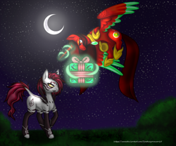 Size: 1416x1180 | Tagged: safe, artist:firedragonmoon15, imported from derpibooru, oc, oc:phoenix scarletruby, alicorn, pony, brown mane, brown tail, colored wings, crescent moon, flying, glowing, glowing horn, hoof shoes, horn, jewelry, magic, mint wings, moon, necklace, night, night sky, present, red coat, red wings, sky, smiling, standing, tail, telekinesis, two toned wings, wings