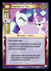 Size: 344x480 | Tagged: safe, imported from derpibooru, rarity, sweetie belle, ponyville confidential, ccg, enterplay, equestrian odysseys, horn, horn flick, magic, merchandise, telekinesis