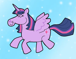 Size: 1016x787 | Tagged: safe, artist:cookie-lovey, imported from derpibooru, twilight sparkle, alicorn, pony, 2013, anime bubbles, blue background, eyes closed, female, flying, mare, simple background, smiling, solo, spread wings, style emulation, the fairly oddparents, twilight sparkle (alicorn), wings