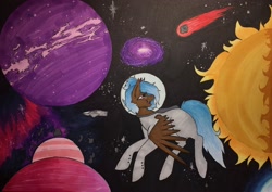 Size: 2048x1452 | Tagged: safe, artist:novadraws19205, imported from derpibooru, oc, oc only, pegasus, pony, asteroid, astronaut, galaxy, open mouth, open smile, planet, smiling, space, spacesuit, spread wings, stars, traditional art, wings