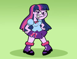 Size: 1016x787 | Tagged: safe, artist:cookie-lovey, imported from derpibooru, twilight sparkle, human, equestria girls, 2013, blouse, bowtie, breasts, busty twilight sparkle, clothes, evil grin, female, green background, grin, hand on hip, looking at you, mary janes, shoes, simple background, skirt, smiling, smiling at you, socks, solo, style emulation, the fairly oddparents