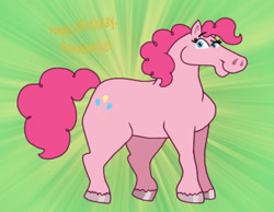 Size: 1016x787 | Tagged: safe, artist:cookie-lovey, imported from derpibooru, pinkie pie, earth pony, pony, 2013, female, green background, happy birthday, looking at you, mare, simple background, smiling, smiling at you, solo, style emulation, sunburst background, text, the fairly oddparents, unshorn fetlocks