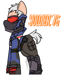 Size: 1080x1312 | Tagged: safe, artist:eivilpotter, imported from derpibooru, oc, oc only, ammunition, ammunition belt, clothes, mask, overwatch, simple background, soldier 76, solo, text, visor