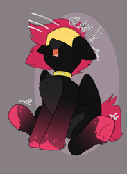 Size: 1610x2198 | Tagged: safe, artist:beardie, imported from derpibooru, oc, oc only, oc:rubellite rhapsody, pegasus, pony, cheese slap, chest fluff, collar, female, mare, onomatopoeia, open mouth, sitting, surprised, underhoof