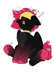 Size: 1610x2198 | Tagged: safe, alternate version, artist:beardie, imported from derpibooru, oc, oc only, oc:rubellite rhapsody, pegasus, pony, cheese slap, chest fluff, collar, female, mare, onomatopoeia, open mouth, simple background, sitting, surprised, transparent background, underhoof