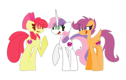 Size: 2500x1600 | Tagged: safe, artist:scridley-arts, imported from derpibooru, apple bloom, scootaloo, sweetie belle, earth pony, pegasus, pony, unicorn, cutie mark crusaders, female, simple background, transparent background, trio