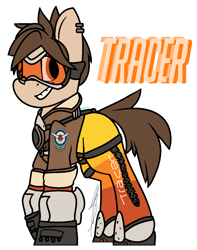 Size: 1012x1284 | Tagged: safe, artist:eivilpotter, imported from derpibooru, oc, oc only, earth pony, pony, bomber jacket, clothes, crossover, ear piercing, earring, jacket, jewelry, overwatch, piercing, simple background, solo, tracer