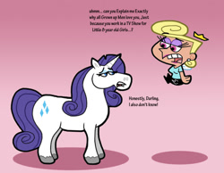 Size: 1016x787 | Tagged: safe, artist:cookie-lovey, imported from derpibooru, rarity, fairy, pony, unicorn, 2013, blonda, crossover, dialogue, duo, duo female, female, lidded eyes, looking at each other, looking at someone, mare, open mouth, pink background, simple background, style emulation, teeth, text, the fairly oddparents, unshorn fetlocks, wanda