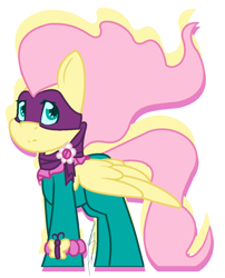 Size: 976x1208 | Tagged: safe, artist:eivilpotter, imported from derpibooru, fluttershy, saddle rager, pegasus, pony, colored, female, flat colors, mare, mask, power ponies, simple background, solo, superhero, superhero costume