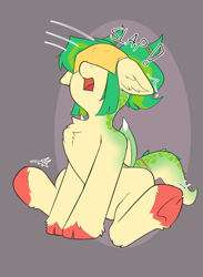 Size: 1610x2198 | Tagged: safe, artist:beardie, imported from derpibooru, oc, oc only, oc:jasmine threads, dracony, dragon, hybrid, pony, cheese slap, chest fluff, collar, female, mare, onomatopoeia, open mouth, sitting, surprised, underhoof