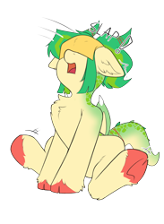 Size: 1610x2198 | Tagged: safe, artist:beardie, imported from derpibooru, oc, oc only, oc:jasmine threads, dracony, dragon, hybrid, pony, cheese slap, chest fluff, collar, female, mare, onomatopoeia, open mouth, simple background, sitting, surprised, transparent background, underhoof