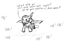 Size: 1580x1024 | Tagged: safe, imported from derpibooru, oc, oc only, original species, plane pony, angry, commie, f-16 fighting falcon, floppy ears, flying, hahaha, irritated, jet, jet fighter, jet plane, laughing, male, plane, solo