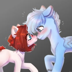 Size: 2000x2000 | Tagged: safe, artist:shelti, imported from derpibooru, oc, oc only, earth pony, pegasus, pony, blushing, colored pupils, duo, duo male and female, female, folded wings, looking at each other, looking at someone, male, raised hoof, wings