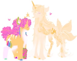 Size: 540x432 | Tagged: safe, artist:rare-apples, imported from derpibooru, oc, oc only, pony, unicorn, 2d, bow, colored, digital art, duo, female, glowing, horn, mare, sketch, smiling