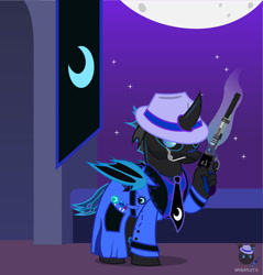 Size: 1237x1295 | Tagged: safe, artist:wheatley r.h., derpibooru exclusive, imported from derpibooru, oc, oc only, oc:w. rhinestone eyes, changeling, bat wings, blue changeling, candy, changeling oc, food, gun, honeypot changeling, lollipop, male, night, night sky, sky, stallion, stars, vector, watermark, weapon, wings