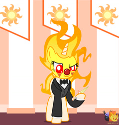 Size: 1237x1295 | Tagged: safe, artist:wheatley r.h., derpibooru exclusive, imported from derpibooru, oc, oc only, oc:twi clown, unicorn, bowtie, clothes, clown, clown nose, female, glasses, horn, mane of fire, mare, red nose, unicorn oc, vector, watermark